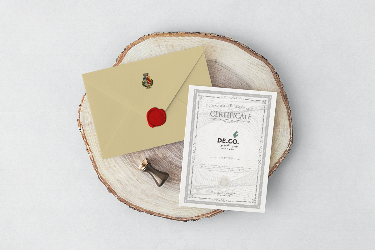 Simulazione del certificato di attribuzione del marchio DE.CO. di Gordona