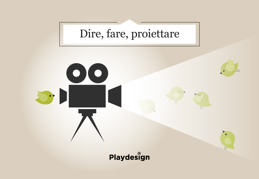 un uccellino verde è dietro a un proiettore da cinema. Davanti c'è il faascio luminoso della proiezione, dentro cui ci sono diverse rappresentazioni dello stesso uccellino: diverse posizioni e diverse espressioni.