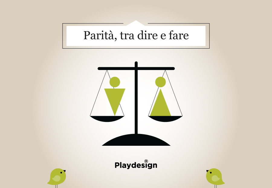 bilancia nera con due piatti perfettamente bilanciati. Sul piatto di sinistra c'è un'icona che simboleggia l'uomo, sul piatto di destra la donna.
