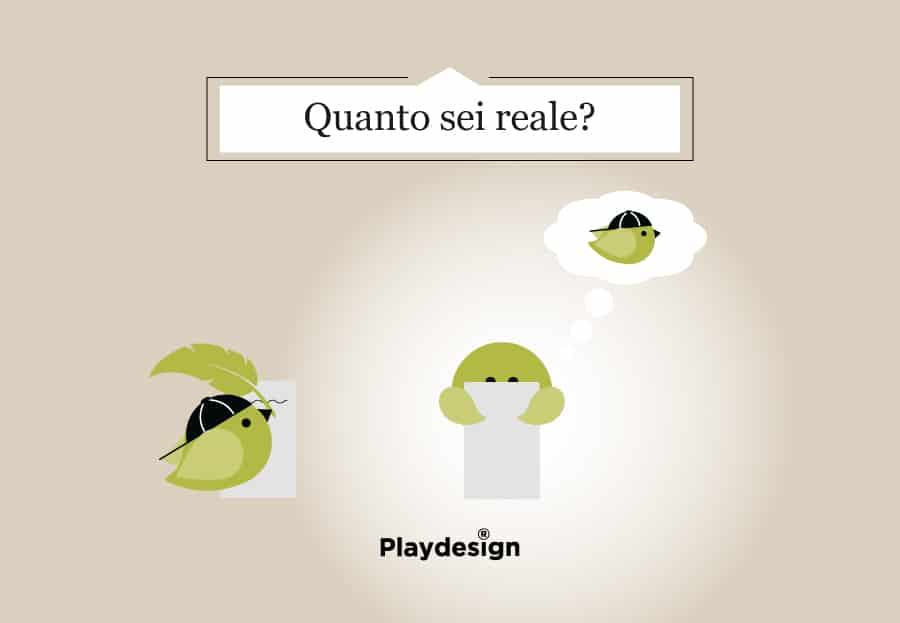 a sinistra un uccellino verde che indossa un cappellino nero sta scrivendo su un foglio. A destra un altro uccellino verde sta leggendo un foglio uguale. Dalla sua testa parte un fumetto del pensiero, dove dentro è raffigurato l'uccellino col cappellino nero.