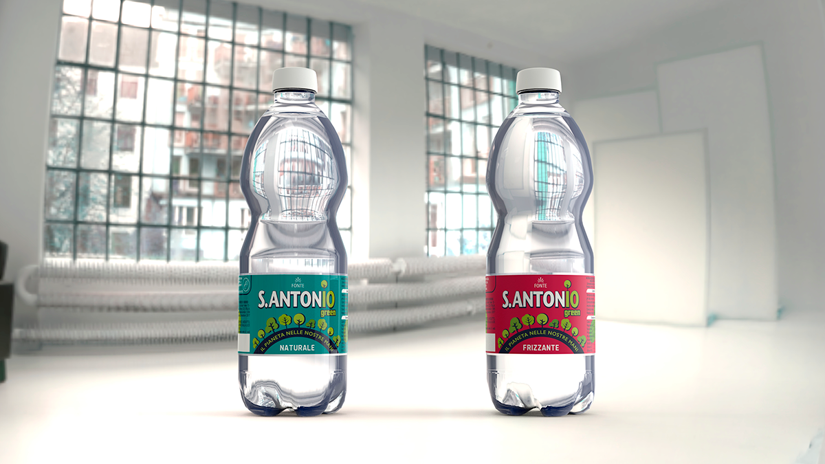 Render delle bottigliette di acqua S. Antonio green con la nuova etichetta