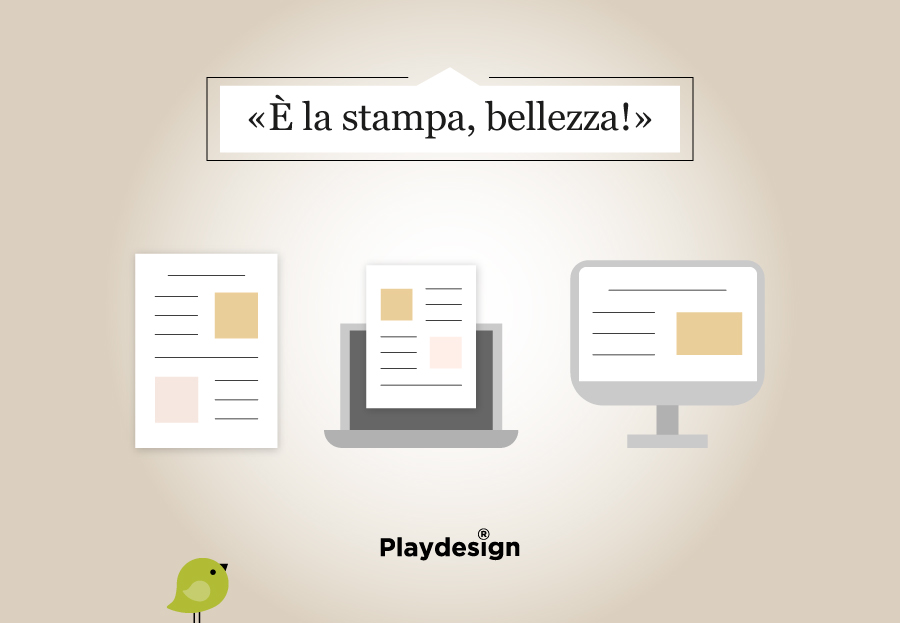 a sinistra disegno di una pagina di giornale, al centro la stessa pagina in versione digitale, a destra disegno della stessa notizia riportata su un portale web